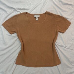 Vintage 90s Tan Knit Short Sleeve Top with Square Neck